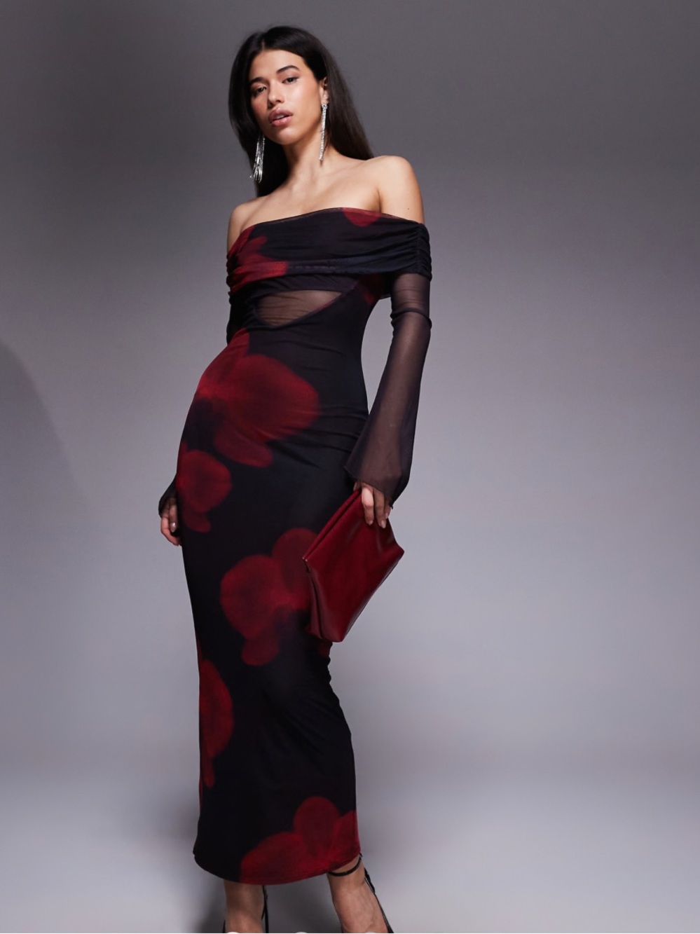 Kaiia slinky mesh Bardot dress angel sleeve sheer panel maxi dress in floral